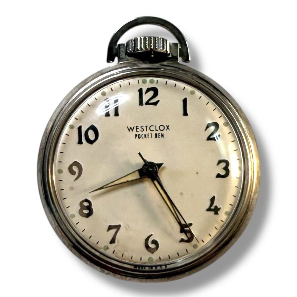 Vintage Westclox Pocket Ben Pocket Watch Stainless Steel Central Seconds WORKS